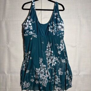 SHEIN Women's Teal Floral Print Tankini Swim Dress Plus Size‎ 4XL